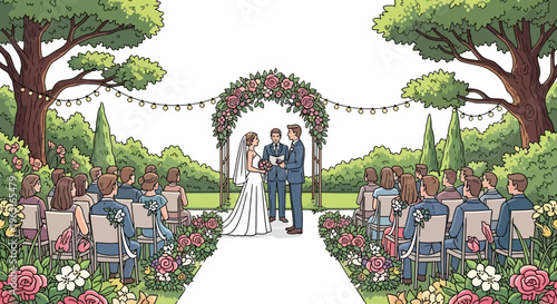Outdoor Wedding Ceremony: Couple exchange vows under floral arch with guests.