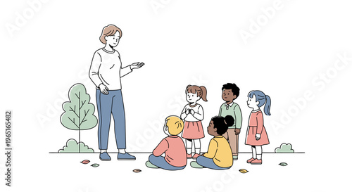 Teacher interacting with diverse group of young children outdoors, storytelling or lesson