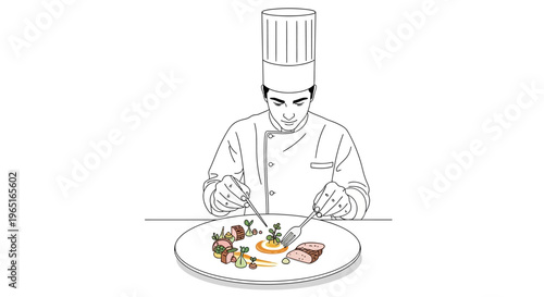 Chef in uniform tasting gourmet dish with fork and knife, artistic illustration