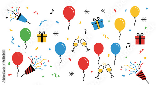 Celebration Party Elements: Balloons, Gifts, Confetti, Poppers, Toasting Glasses