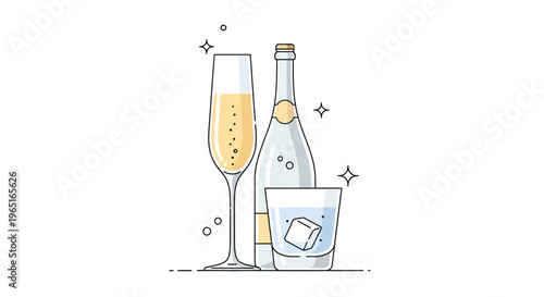 Champagne Bottle, Flute Glass, and Ice Drink with Sparkles - Celebration Illustration