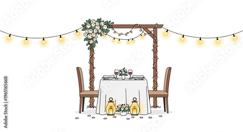 Romantic Outdoor Dinner Setting with String Lights and Floral Arch