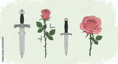 Symmetrical arrangement of two ornate daggers and two beautiful pink roses with thorns on a light green textured background.