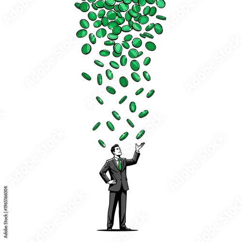 Businessman Juggling Green Coins in Abstract Scene