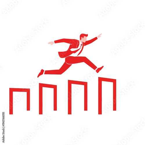 Businessman leaping over obstacles in a dynamic scene