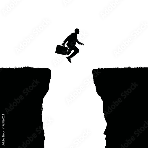 Businessman leaps across a chasm, symbolizing risk