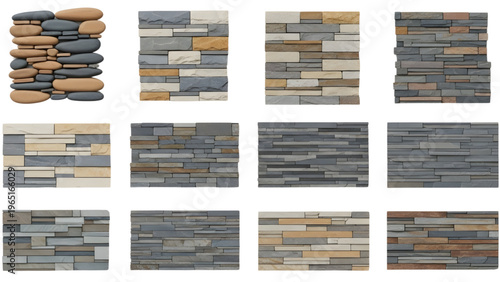Modern material stone wall patterns, stylish CAD texture, scalable 3D drawings, vibrant colors, architectural design, white background