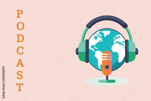 Foto World podcast banner with globe headphones and microphone on pastel background