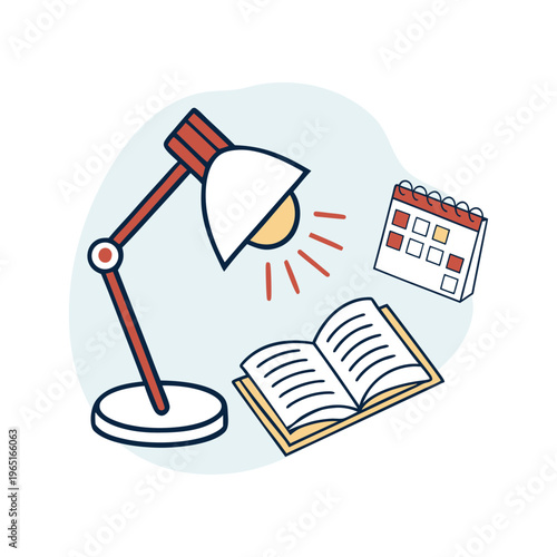 Study table setup with desk lamp illuminating open book and calendar in background.