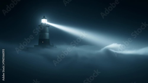 Lighthouse beacon shining misty ocean night