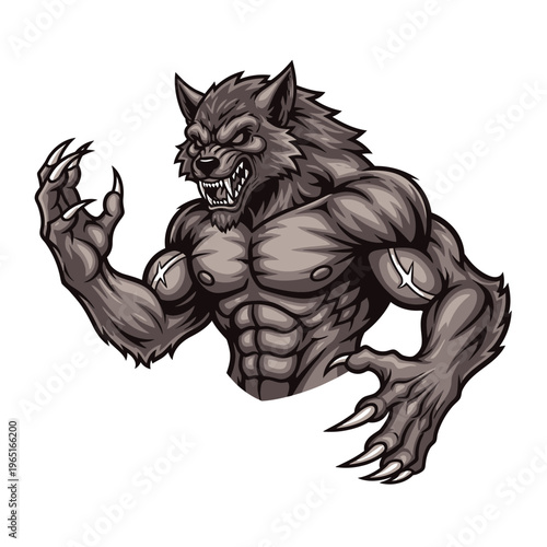Powerful Werewolf Illustration with Ferocious Expression and Muscular Physique.