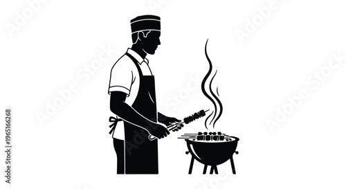 Chef silhouette grills food on a small charcoal barbecue unit outdoors.