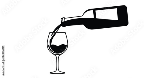 Black and white silhouette illustration of a wine bottle pouring liquid into a glass against a clean white background.