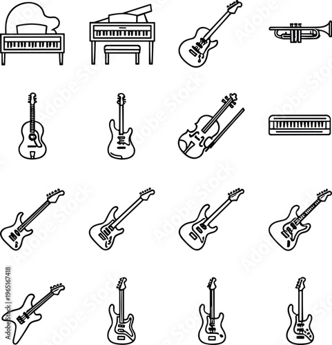Minimalist Musical Instrument Line Icon Set Featuring Electric Guitars, Grand Pianos, Violins, Trumpets, and Harmonica for Orchestral and Rock Band Music Design
