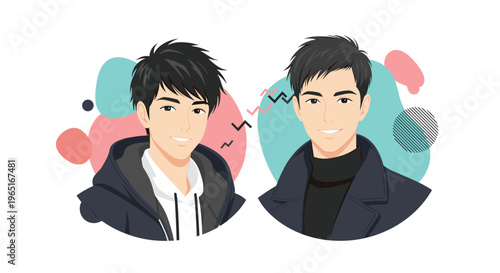 Portrait of two young men with dark hair and stylish clothing placed against colorful abstract shapes and geometric patterns.
