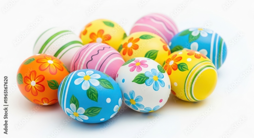 Fototapeta premium A vibrant collection of hand painted decorative easter eggs resting on a white studio background