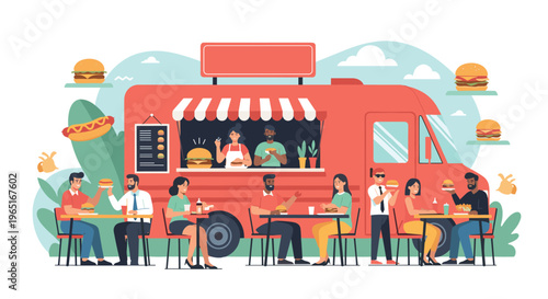People enjoying food at tables outside a large red food truck serving hamburgers and hot dogs in a park setting.