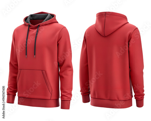 Bright red hoodie mockup front and back isolated on white background