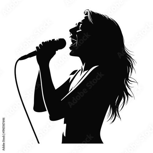 Silhouette of woman singing passionately into microphone with flowing hair on transparent background, vibrant performance