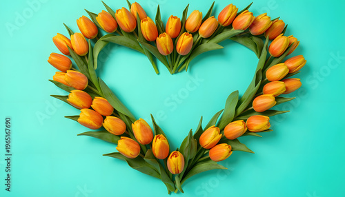 Bright orange and yellow tulips carefully arranged in a heart formation on a vibrant turquoise background, creating a fresh and eye-catching floral composition. The image conveys warmth, love, photo