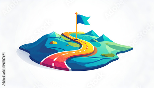 Road leads to flag on hill landscape illustration in cartoon style with vibrant colors