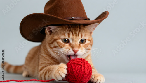 Cute red kitten wearing a cowboy hat, playing with a red wool ball. Adorable and playful scene celebrating International Cat Day with a fun and charming concept. Bright, cheerful composition highlight