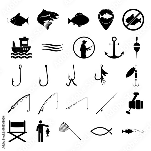 Set of fishing icons isolated on white background
