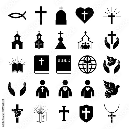 Religious Christian symbols and signs set isolated on white background