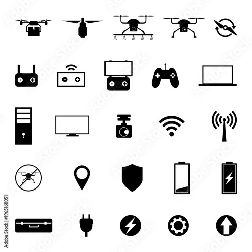 Quadcopter and flying drone icons set on white background.