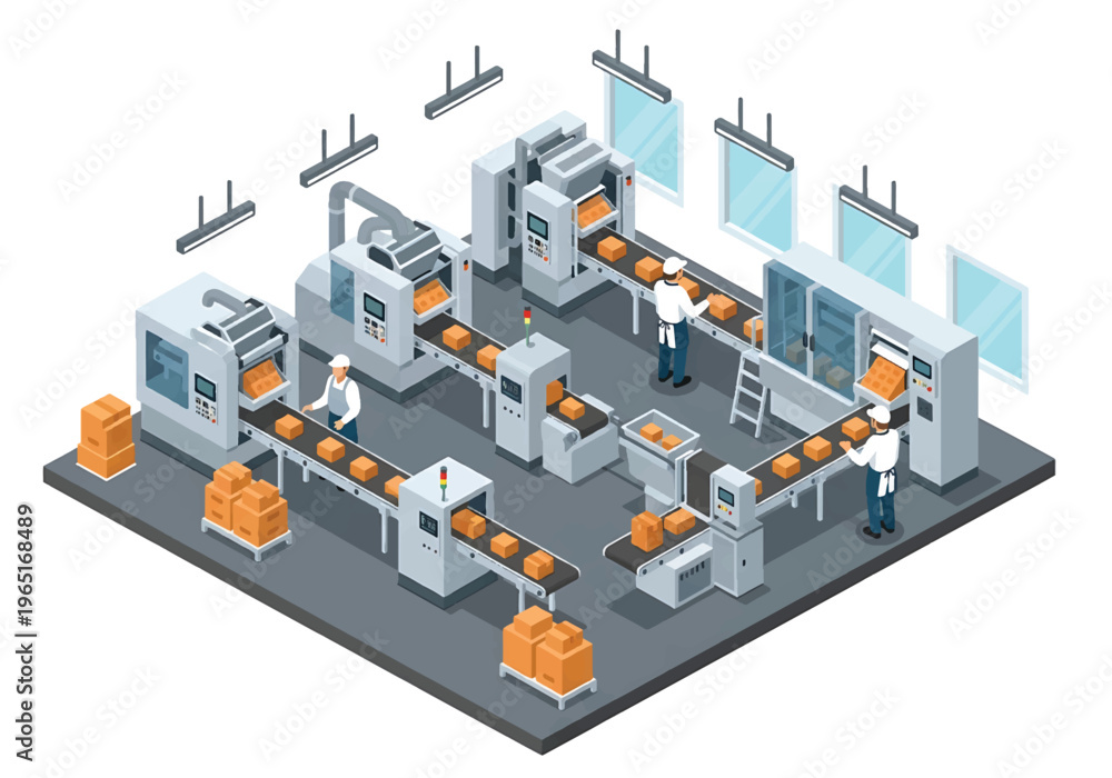 Fototapeta premium Isometric 3D view vector illustration of food processing factory interior with packaging machines, conveyor system and uniformed workers in clean hygienic production facility