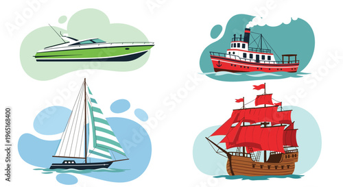 Collection of various water vessels including a modern yacht, tugboat, sailboat, and an old wooden pirate ship on blue.