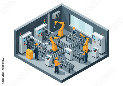 Isometric 3D view vector illustration of automated assembly line with robotic arms, conveyor belts and engineers supervising smart manufacturing process in modern factory interior