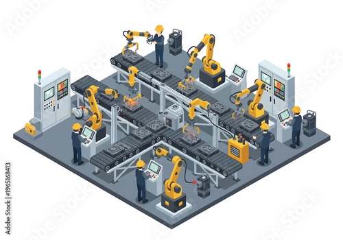 Isometric 3D view vector illustration of automated assembly line with robotic arms, conveyor belts and engineers supervising smart manufacturing process in modern factory interior