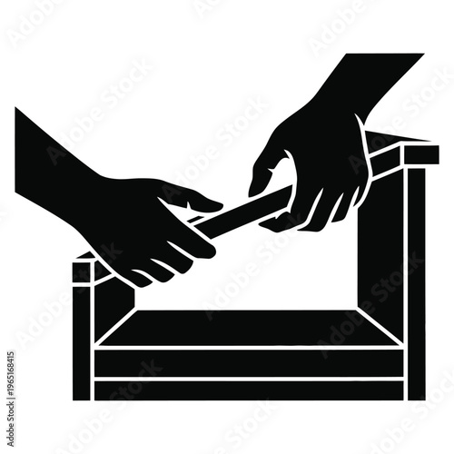 Skilled craftsman hands assembling wooden furniture frame components during manual carpentry work process in professional joinery workshop space