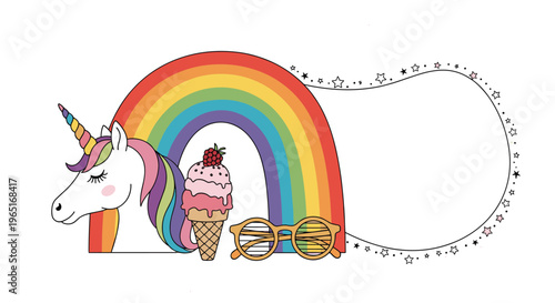 Magical unicorn with a colorful mane standing beside a bright rainbow, tasty ice cream cone, and stars on white background.