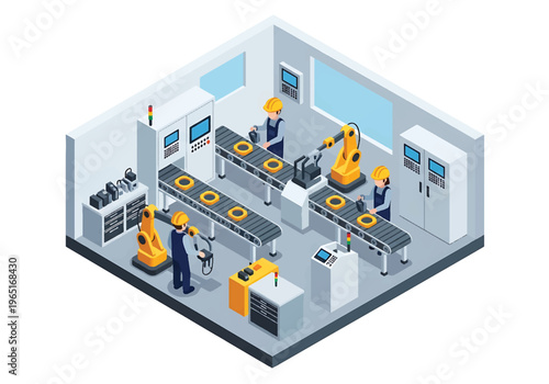 Isometric 3D view vector illustration of automated assembly line with robotic arms, conveyor belts and engineers supervising smart manufacturing process in modern factory interior