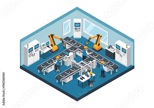 Isometric 3D view vector illustration of automated assembly line with robotic arms, conveyor belts and engineers supervising smart manufacturing process in modern factory interior