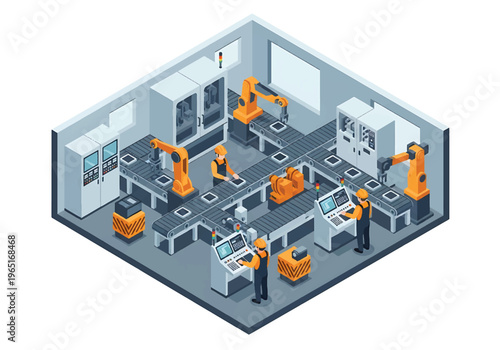 Isometric 3D view vector illustration of automated assembly line with robotic arms, conveyor belts and engineers supervising smart manufacturing process in modern factory interior