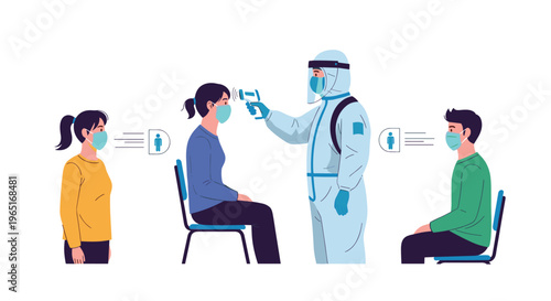 Medical professional in full protective gear checking the temperature of people waiting in line with a digital thermometer.