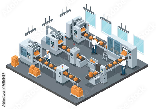 Isometric 3D view vector illustration of food processing factory interior with packaging machines, conveyor system and uniformed workers in clean hygienic production facility