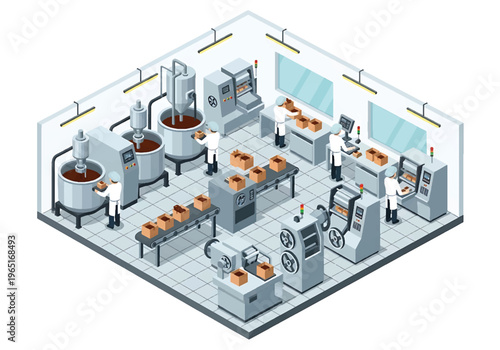 Isometric 3D view vector illustration of food processing factory interior with packaging machines, conveyor system and uniformed workers in clean hygienic production facility