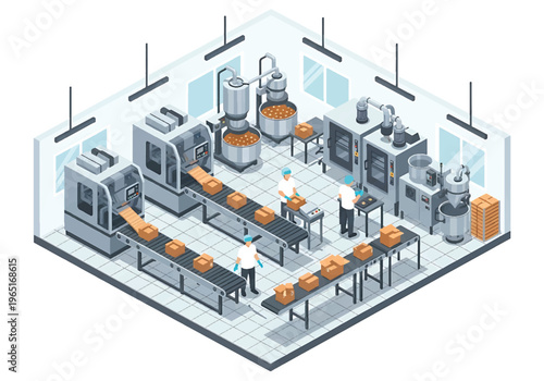 Isometric 3D view vector illustration of food processing factory interior with packaging machines, conveyor system and uniformed workers in clean hygienic production facility