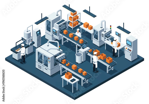 Isometric 3D view vector illustration of food processing factory interior with packaging machines, conveyor system and uniformed workers in clean hygienic production facility
