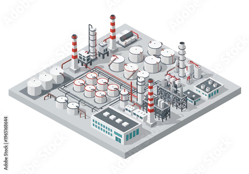 Isometric 3D view vector illustration of oil refinery complex with storage tanks, pipelines and chimneys in organized industrial zone, energy and petrochemical industry concept