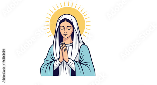 Virgin Mary in prayer with a golden halo around her head, wearing a white veil and blue cloak on a clean white background.