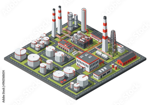 Isometric 3D view vector illustration of oil refinery complex with storage tanks, pipelines and chimneys in organized industrial zone, energy and petrochemical industry concept