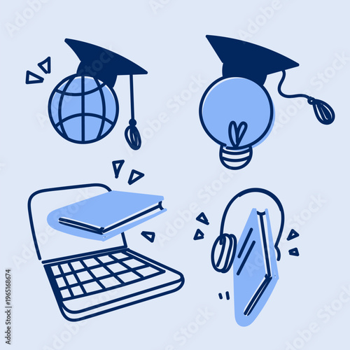A set of four modern e-learning icons in a charming, hand-drawn doodle style. Features books with a graduation cap, a hand holding a smartphone, a globe with a cap, and an idea cloud with headphones a