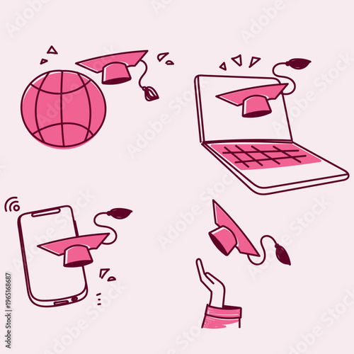 A set of four modern e-learning icons in a charming, hand-drawn doodle style. Features books with a graduation cap, a hand holding a smartphone, a globe with a cap, and an idea cloud with headphones a