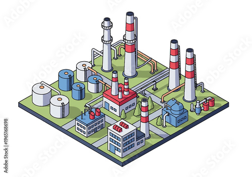 Isometric 3D view vector illustration of oil refinery complex with storage tanks, pipelines and chimneys in organized industrial zone, energy and petrochemical industry concept