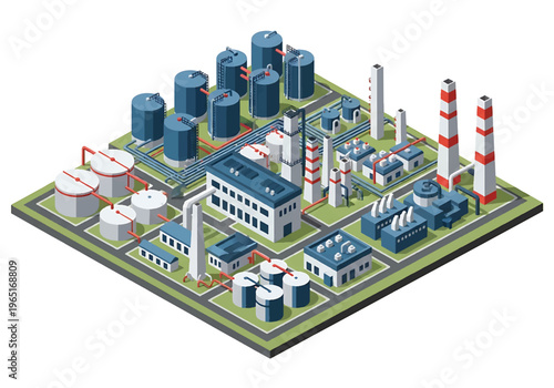 Isometric 3D view vector illustration of oil refinery complex with storage tanks, pipelines and chimneys in organized industrial zone, energy and petrochemical industry concept